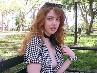Amateur redhead Jacqueline with glasses masturbates