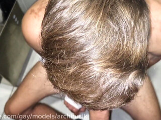 Fucked a passerby in a toilet mall bathroom, muscular guy covered in cum !