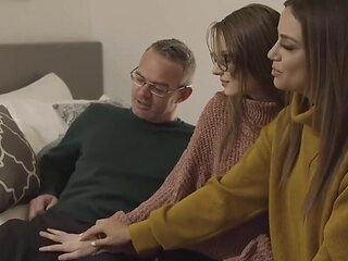 Submissive brunette teen sucking a stepfam cock to start FFM