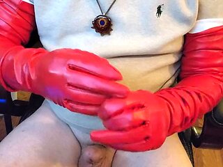 Extra long red leather gloves