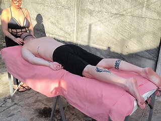 Nude massage outdoors with hot blonde