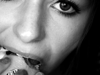 Sexy Brunette Babe Spreads Legs And Masturbates Shaven Twat