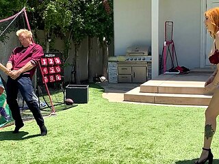 Big-booty redhead MILF plays ball with her stepson's huge white cock