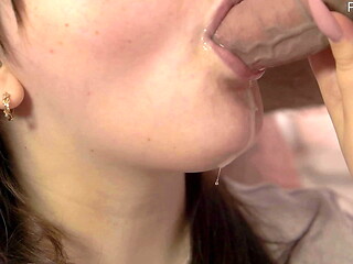 Blowjob, super close-up, cum in mouth