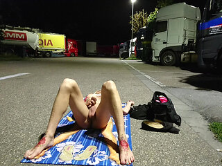 Undressing and masturbating at the truck seat