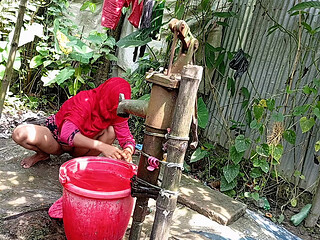 I fucked my village stepsister outside while she was taking a bath.