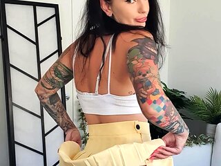 Busty curly brunette with big boobs fucks on couch