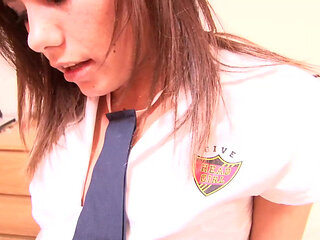 Small tits brunette takes down her college uniform