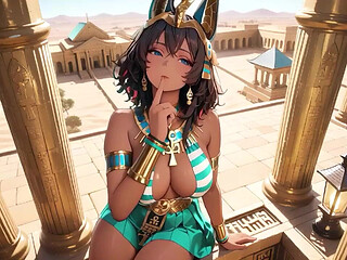 Languid on the Golden Throne, She Runs Fingers Over Her Full Chest with a Hazy, Arrogant Gaze.
