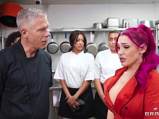 Pink-haired babe with silicone tits Lily Lou nailed in the kitchen