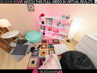 Brunette Lucy Strindew naked on bed plays with big cock in VR.