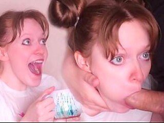 Crazy redhead stepsister gives a deepthroat wet blowjob to a big cock