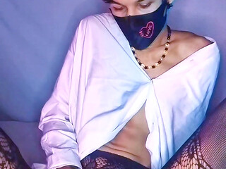 Cute Asian Femboy Showing Off Solo in Fishnets