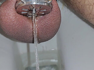 POV: Peeing with inverted chastity cage