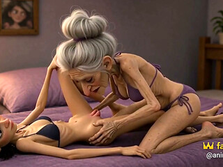 Extremely Skinny Old Woman Licks a Skinny Young Woman's Pussy