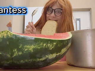 Giantess Stepsister Eats Watermelon and Is Really Horny While Tiny Stepbrother Watches Giantess Stepsister Eat