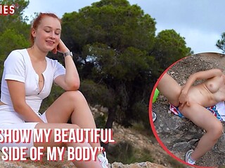 Redheaded Sheryl strips off and touches herself outside