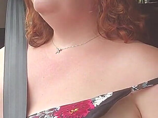 Curvy Hot MILF Driving Through Town and Construction Topless and Playing with Big Natural Tits and Nipples