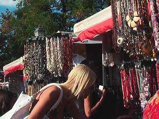 Busty Blonde MILF Drains Stranger Publicly for Voyeurs