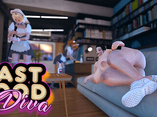 Fast Food Diva. Two Maids Pleasure Their Mistress While Watching TV. Emptie41