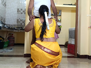 Yellow colour saree housewife with step brother