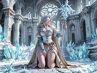 Silver-Haired Ice Queen! Kneeling in the Frozen Castle, her cold armor hides so many secrets. Hand on chest, biting lips...