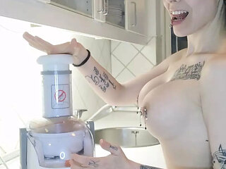 Food play in the kitchen while live on cam...