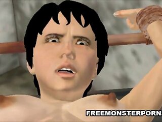 Buxom brunette gives a blow job to a zombie's penis in 3D