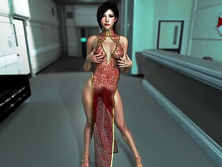 Gorgeous Ada Wong in a transparent dress dances in the Umbrella office