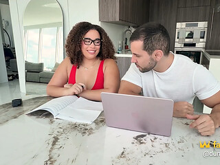Stepmom seduces tutor into taboo three-way with huge tits