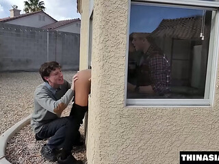 Two Guys Skip School and Fuck the Pizza Delivery Girl Stuck in Their Window