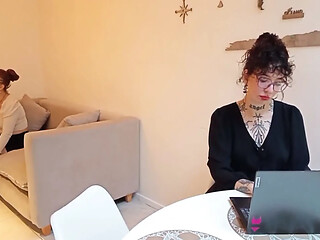 Lesbian coworkers get intimate with a strap-on