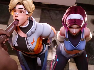 Tracer x Dv.a deepthroating 2 big dicks