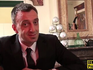 British submissive gags on cock and squirts