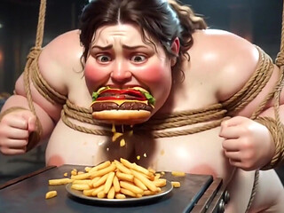 Tied up SSBBW Eats Massive Meal While Kneeling - Belly Stuffing