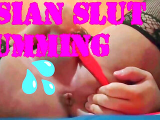 CLOSEUP CUMSHOT ASIAN SISSY CROSSDRESSER IN RED THONG AND LINGERIE