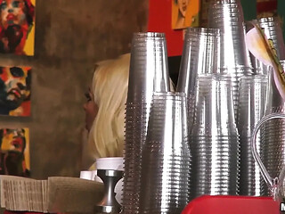 Busty blonde MILF shares her big jugs with eager teen couple