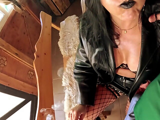 Amazon Smoking MILF in Leather, Big Cigar Blowjob, Doggy and Double Cum on Clothes and Hair