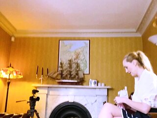 Blonde in lingerie masturbating