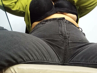 I can't take it anymore,  I'm taking a break,pulling down my jeans, and masturbating my cum filled pussy.