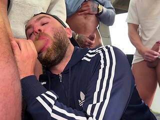 Straight muscled guy loves gay group sex
