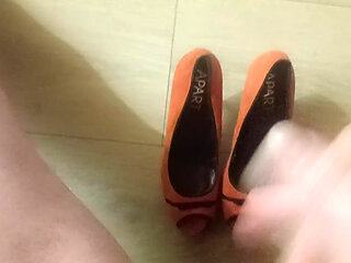 Cumshot on orange suede Apart peep toe heels