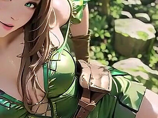 Green Elf in the Forest Secret! Kneeling Gaze Under Dappled Sunlight, a Dreamy Tease with Fingertips Touching Her Lips