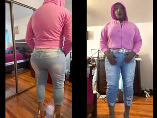Black babe Danae as a butch bald strong black woman in ripped tight jeans