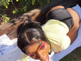 Ebony Girl Reading Outside Gets Her Throat Used by White Guy