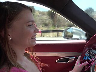 Petite teen Mazy Myers playing around in a car