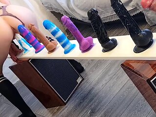 Sexy Plump-assed Babe Rides Different Dildos Put In a Row To Choose the Best One