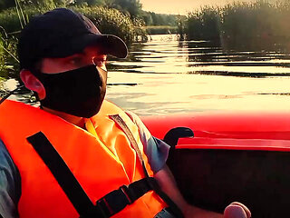 Memories of the past summer. Twink jerks off her cock in the middle of the river.
