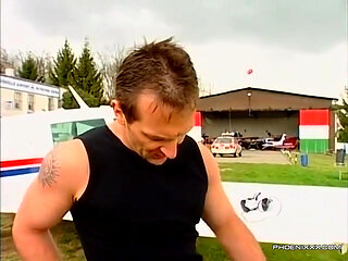 Hot Fourway Orgy in Airplane Hangar