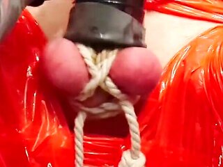 Merciless Cock Milking (tight Shiny Red Plastic Mummificaton and Remote Anal Stimulation)